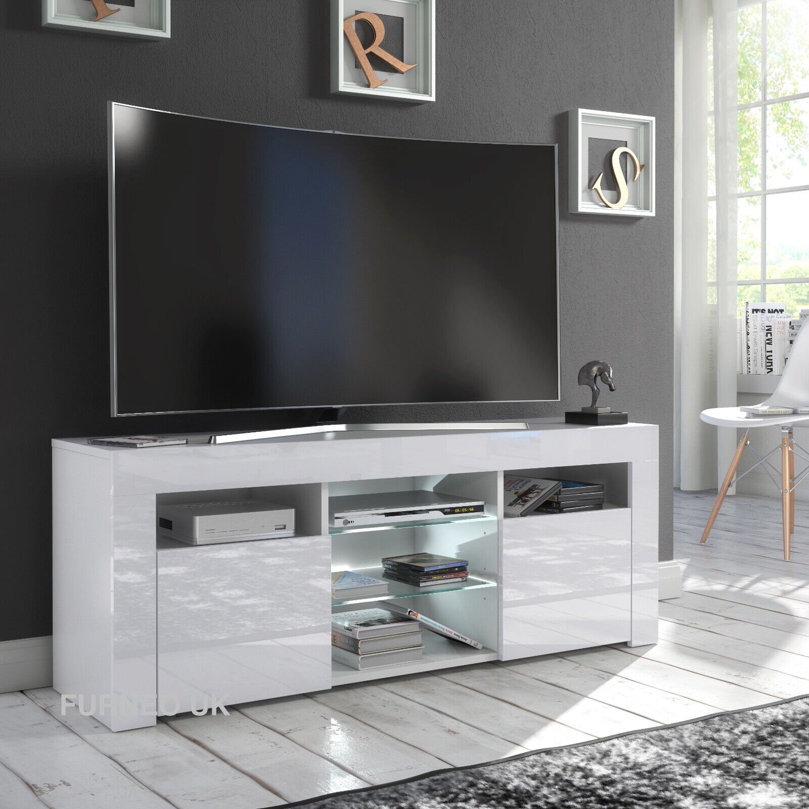 Furneo White TV Stand 120cm Unit Cabinet Matt High Gloss Puzzo LED Lights Etsy