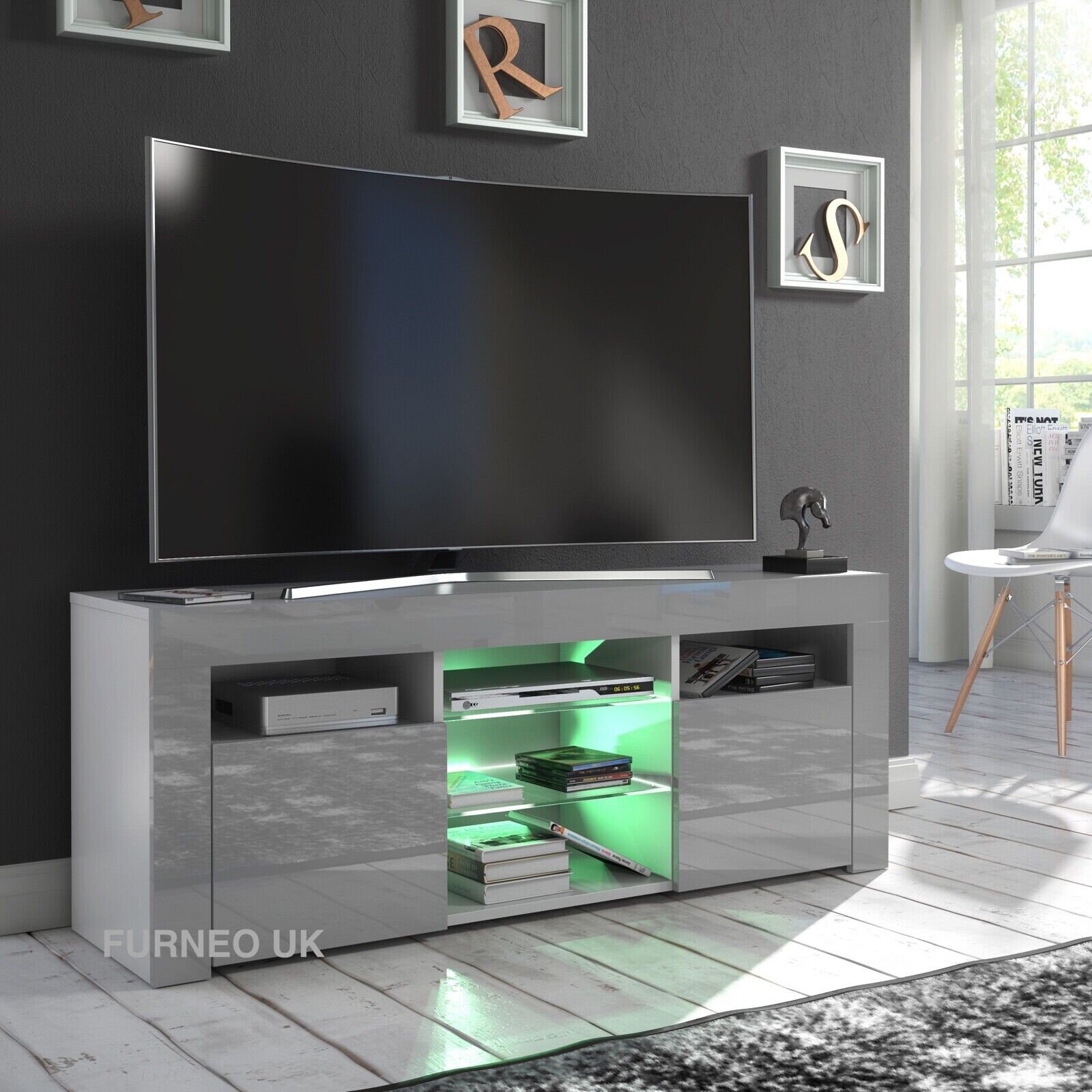 Furneo Grey TV Stand 120cm Unit Cabinet Matt High Gloss Puzzo G LED Lights Etsy