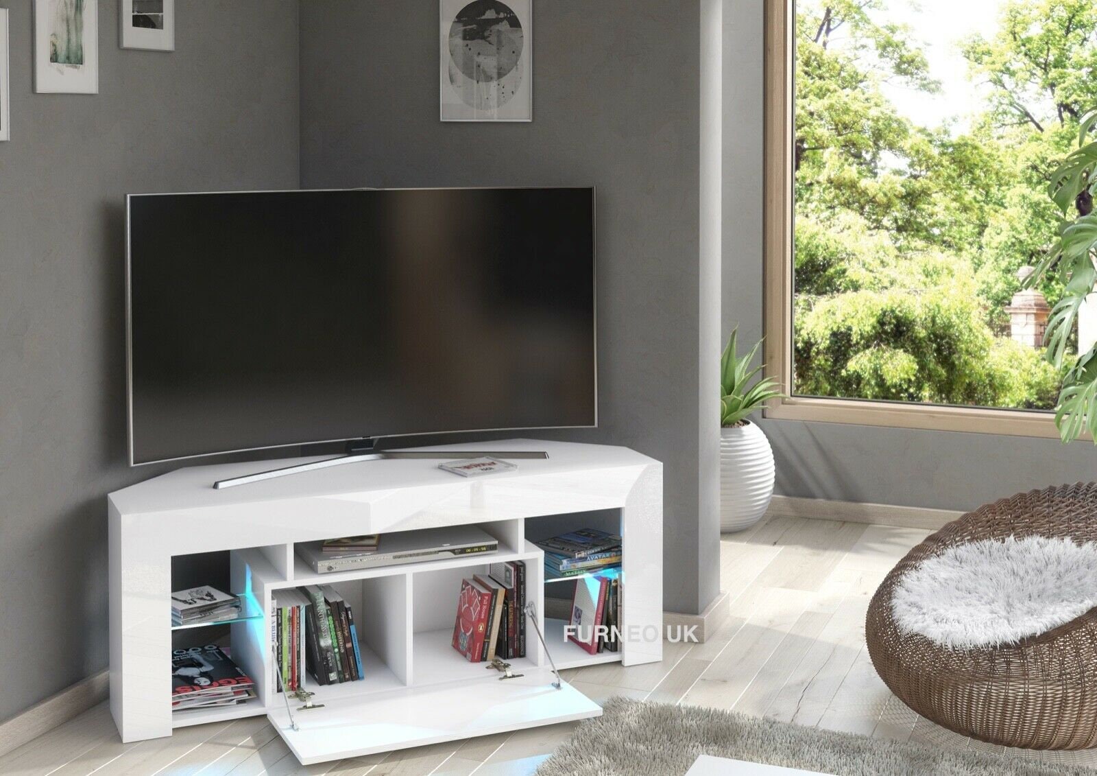 Furneo White Corner TV Stand 125cm Unit Cabinet Matt High Gloss Milano 05 LED Lights Etsy