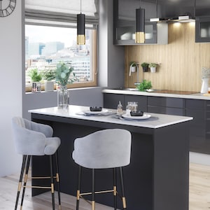 Furneo Kitchen Island Modern Breakfast Bar Shelves Graphite & Marble Effect KI02