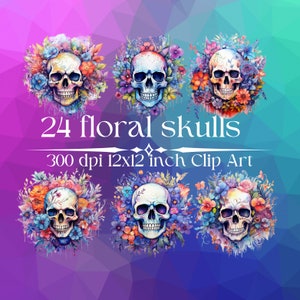 24 florale Aquarell Schädel (Clipart, 300dpi, 12x12 Zoll, png, vielseitige digitale Dateien, sofortiger Download, multi-zweck-Dateien)