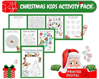 May include: A printable Christmas activity pack for kids with 14 pages of activities, including a word search, maze, connect the dots, and tic-tac-toe. The pack is available in both printed and digital formats. The image features a Santa Claus illustration.