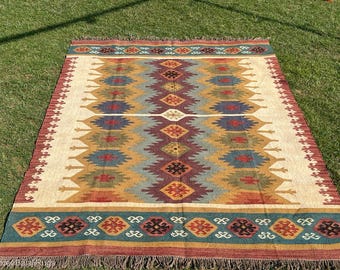 Handmade Wool Jute Kilim Rug – Boho Tribal Area Carpet Vintage Style Wool Jute Rug – Bohemian Kilim Carpet Colorful Geometric Wool Jute Rug