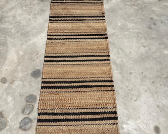 Natural Black Strip Hallway Jute Runner, Handmade Hemp Runner Rug, Eco Friendly Rug, Rustic Jute Area Rug