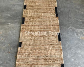 Handwoven 2x22 Ft Jute Runner, White Striped Hemp Stairs Jute Runner, Entryway Jute Runner, Custom Size Floor Area Rug, Indian Handmade Rug,