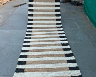 Handwoven 2x22 Ft Jute Runner, White Striped Hemp Stairs Jute Runner, Entryway Jute Runner, Custom Size Floor Area Rug, Indian Handmade Rug,