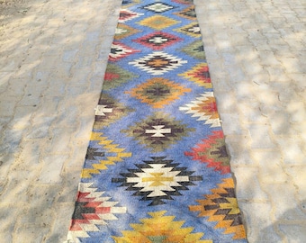 Alfombra Kilim de estilo vintage, geométrica, hecha a mano, de lana, para pasillos, entradas y escaleras.