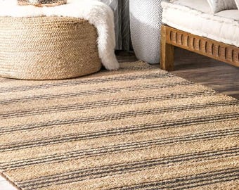 Custom Size Natural Jute Hemp Area Rug with Black Stripes Bohemian Rug Home Decor Rug Custom Size Rug Handwoven Rug Natural Fiber Rug