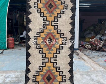 Alfombra de pasillo y escalera tejida a mano en lana y yute, estilo bohemio, alfombra Kilim natural para sala de estar, decoración rústica para el hogar, alfombra de lana y yute hecha a mano