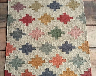 Veelkleurig wollen jute kelimtapijt, handgeweven, wol- en jutetapijt handgemaakt, kelim dhurrie-tapijt, traditioneel Indiaas jute tapijt, vloerkleed op maat