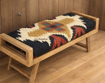 Banco Boho Kilim feito à mão em madeira | Banco rústico tribal estofado | Móvel decorativo para hall de entrada, quarto e sala de estar