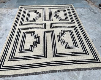 Handwoven Wool Jute Kilim Rug, White Kilim Rug, Wool Jute Rug, Hallway/Livingroom Kilim Rug, Navajo Rug Outdoor/Indoor Rug, Indian Kilim Rug