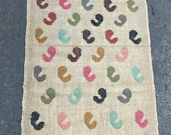 Handwoven Wool Jute Kilim Rug – Bohemian Geometric Area Rug, Tribal Vintage Carpet, Handmade Flatweave Floor Decor, Natural Fiber Runner