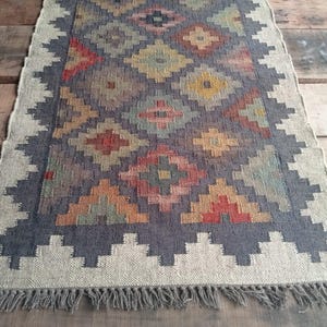 Handwoven Wool Jute Kilim Rug, Wool Jute Rug, Kilim Jute Rug, Indian Dhurrie Rug, Navajo Kilim Rug, Custom Rug, Flatweave Rug, Bohemian Rug