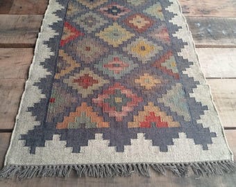 Handgeweven wollen jute kelimtapijt, wollen jute tapijt, kelim jute tapijt, Indiaas dhurrie-tapijt, Navajo kelim-tapijt, aangepast tapijt, platgeweven tapijt, boho-tapijt