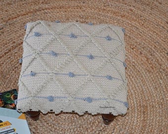 Kilim Upholstered Acacia Wood Cotton Stool, Handmade Square Modern Rustic Ottoman Footstool, Traditional Home Decor Pouf Bedside Solid Poufs