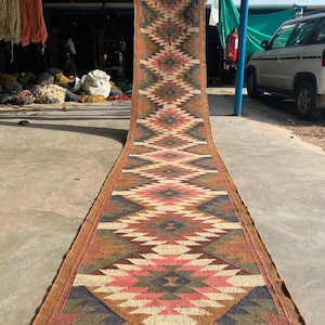 Handmade Kilim Runner Rug, Stair Decor Runner Rug, Handwoven Wool Jute Stair Runner, Hallway Runner, Vintage Wool Jute Kilim Runner,