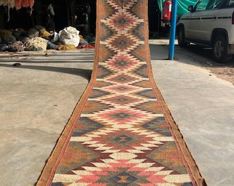Handmade Kilim Runner Rug, Stair Decor Runner Rug, Handwoven Wool Jute Stair Runner, Hallway Runner, Vintage Wool Jute Kilim Runner,