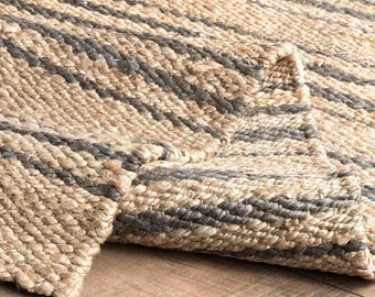 Custom Size Natural Jute Hemp Area Rug with Black Stripes Bohemian Rug Home Decor Rug Custom Size Rug Handwoven Rug Natural Fiber Rug