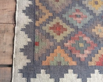 Handwoven Wool Jute Kilim Rug, Wool Jute Rug, Kilim Jute Rug, Indian Dhurrie Rug, Navajo Kilim Rug, Custom Rug, Flatweave Rug, Bohemian Rug