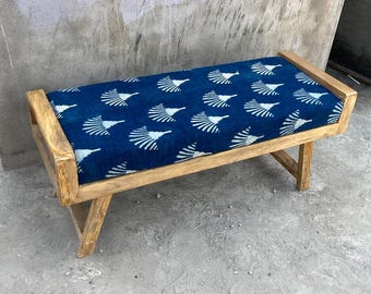 Indigo Blue Cotton Bench with White Print | Handmade Kilim Upholstered Wooden Bench | Boho Ottoman Footstool | Farmhouse Entryway Seating