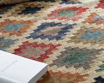 6x9 Kilim Rug, Handwoven, Wool and Jute Rug Handmade, Kilim Dhurrie Rug, Traditional Indian jute Area rug Custam Size Rugs