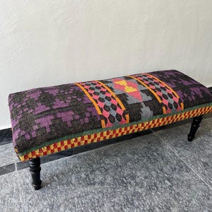 Handwoven Rug Bench, Piano Bench, Home Decor Ottoman, Kilim Bench, Wooden Bench, Floral Ottoman, Sitting Bench, Upholstered Kilim Furniture