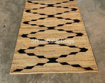 Black and Natural  Handmade Hemp Jute Rug Vintage Jute Rug Handloomed Rug Natural Fiber Eco Friendly Rug large Hemp Jute Rug
