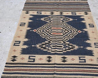 Wool Jute Kilim Rug, Handmade Indian Kilim Dhurrie Rug, Handwoven Wool Jute Rug, Boho Home Decor Rug, Kilim Bohemian Rug, Custom Size Rug