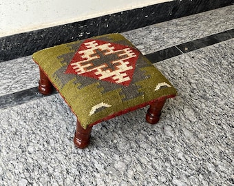 Handwoven Kilim Upholstered Footstool: Acacia Wood Ottoman, Bohemian Decor