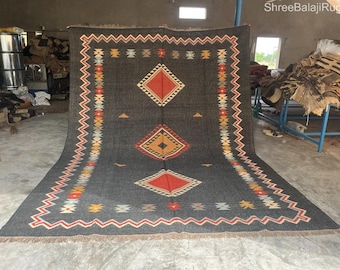 Handwoven Wool Jute Kilim Rug, Wool Jute Rug, Kilim Jute Rug, Flatweave Rug, Bohemian Rug, Indian Dhurrie Rug, Navajo Kilim Rug, Custom Rug