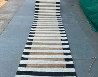 Handwoven 2x22 Ft Jute Runner, White Striped Hemp Stairs Jute Runner, Entryway Jute Runner, Custom Size Floor Area Rug, Indian Handmade Rug
