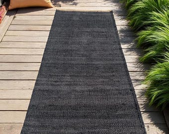 Handwoven Flatweave dark Black hemp jute runner rug Stair decor runner carpet 2x8 2 x 10 ft size large area entryway decor Jute carpet rug
