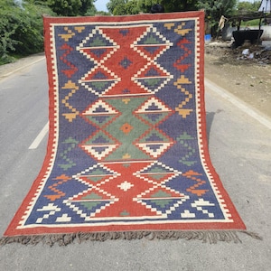 Handmade Wool Jute Kilim Rug Kilim Area Rug Flatweave Navajo Rug Handwoven Large Rug Bohemian Rug Living Room Rug Outdoor Decorative Rug