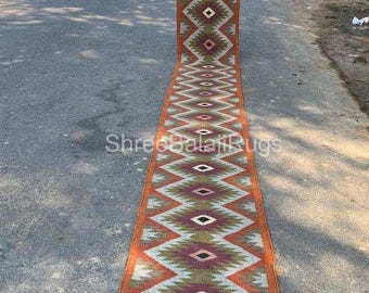Alfombra Kilim – Alfombra tribal geométrica para escaleras, alfombra de pasillo de yute y lana hecha a mano, alfombra rústica de entrada del suroeste, alfombra de tejido plano.