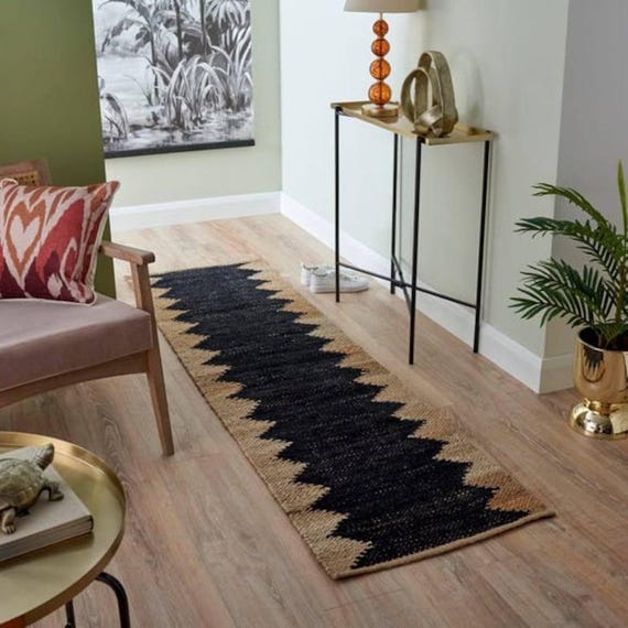 Handmade hemp jute cotton Jute Rug with black flower pattern, Bedroom Jute Rug Living Room Jute Rug Entry Way Jute Runner