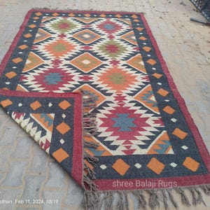 Handgeweven wollen jute kelimtapijt, handgemaakt vintage kelimtapijt, tapijt voor buiten/binnen, Navajo-tapijt, Turks kelimtapijt, geometrisch tapijt, wollen jutetapijt
