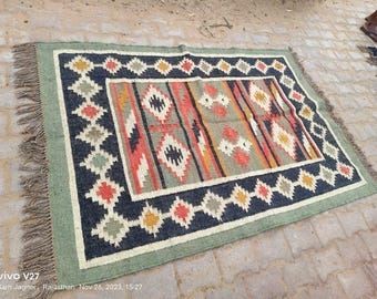 Handwoven Wool Jute Kilim Rug, Indian Dhurrie Rug, Bohemian Home Decor Kilim Dhurrie Rug, Traditional Indian jute Area rug