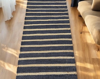 Blue Neutral Hemp Area Rug, Handmade Rug, Tribal Pattern Rug, Jute Rug, Living Room, Natural Fiber Rug Eco Friendly Rug Handwoven Rug Runner