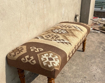 Wool Jute Kilim Bench – Handmade Boho Entryway Bench, Tribal Upholstered Ottoman, Rustic Farmhouse Furniture | Boho Mudroom Bench