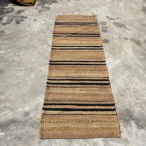 Natural Black Strip Hallway Jute Runner, Handmade Hemp Runner Rug, Eco Friendly Rug, Rustic Jute Area Rug Indian Traditional Jute Area Rug