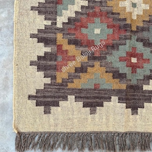 Wool Jute Rug, Handwoven Indian Kilim Dhurrie Rug, Livingroom\Hallway Boho Decor Rug, Geometric Turkish Vintage Rug, Custom Size Rug