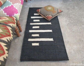 Handmade Jute Runner Black and White Strip Boho Decor Hallway Hemp Jute Runner Indian Traditional Stair, Corriedoor Jute Runner Rug, 2x15 Ft