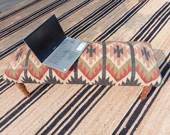 Colorful Kilim Upholstered Bench | Handmade Tribal Ottoman | Rustic Farmhouse Seating | Bohemian Home Decor Furniture"
