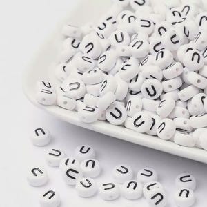 100pcs Letter U Beads – White Acrylic Alphabet Craft Beads – Jewelry Making