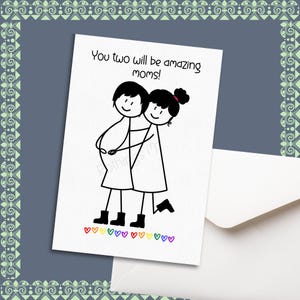 Cartões de felicitações para pais lésbicos, cartão para o Dia das Mães Lésbicas, cartão de anúncio de bebê, cartões para impressão de duas mães do Orgulho LGBT, bonecos palito de família