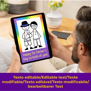 Geanimeerde 1e Vaderdagkaart voor homoseksuele ouders, aanpasbare wenskaart voor twee vaders, bewerkbare tekst in elke taal, LGBT-ouderkaart