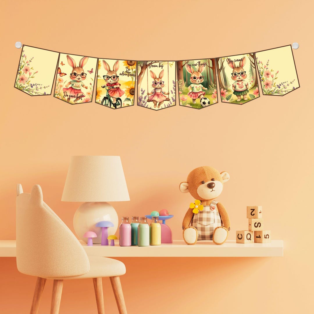 Cute Bunny Banner Set, Printable Pennants, Kids Party Decor, Children ...