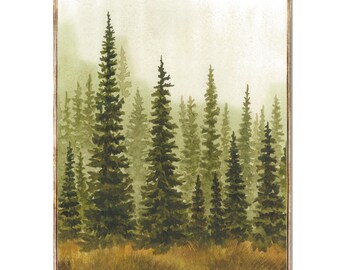 Misty Pine Forest Watercolor Painting, Minimalist Wall Art