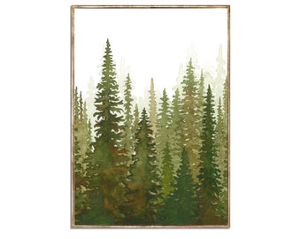 Evergreen Forest Art Pine Tree Watercolor Painting Terracotta and Green Wall Decor Misty Forest Painting Minimalist Art by RigelStarStore